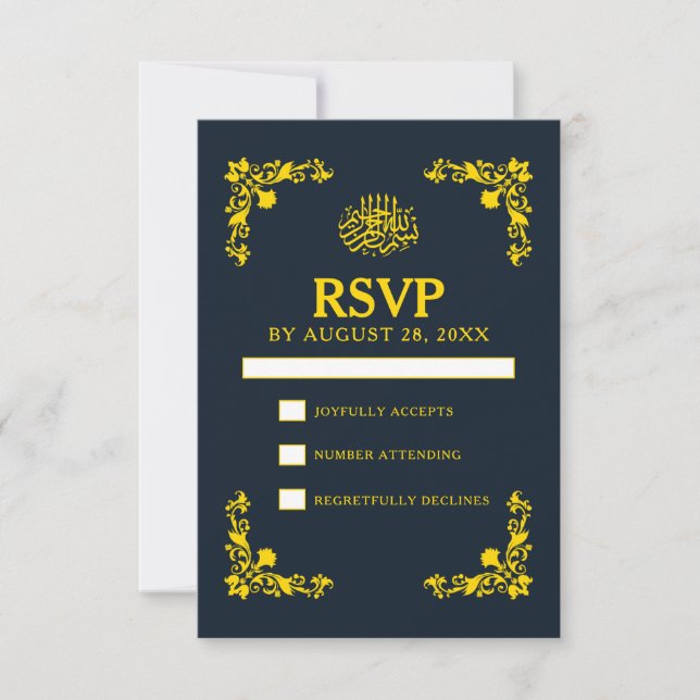 Cartons Réponse Regal Contrast Midnight Blue & Gold Wedding (Devant)