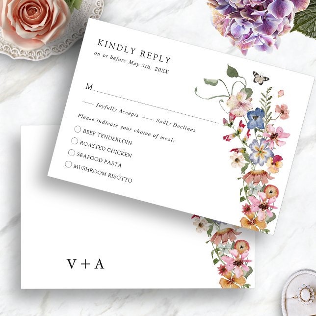 Cartons Réponse Repas Bohèmes Colorés (Colorful Wildflowers Boho Meals RSVP Card Monogrammed with Butterfly by Painted Paperie
)