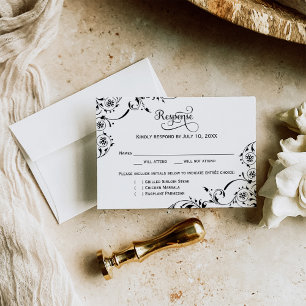 Cartons Réponse Repas de Mariage à la Fleur Noire en Rinceaux
