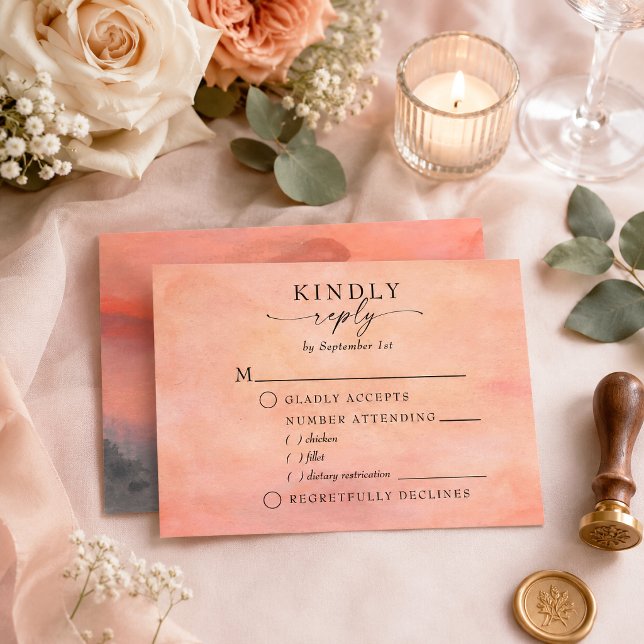 Cartons Réponse Repas de mariage aquarelle rustique au coucher du  (Elevate your wedding stationery with this elegant mountain sunset wedding RSVP card.)