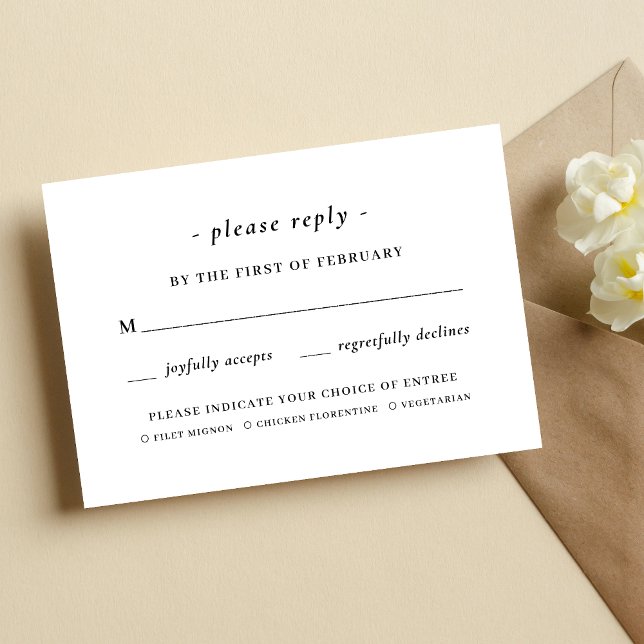 Cartons Réponse Repas de mariage en calligraphie noir et blanc (Black and white calligraphy meal choice RSVP cards add elegance while capturing guest preferences.)