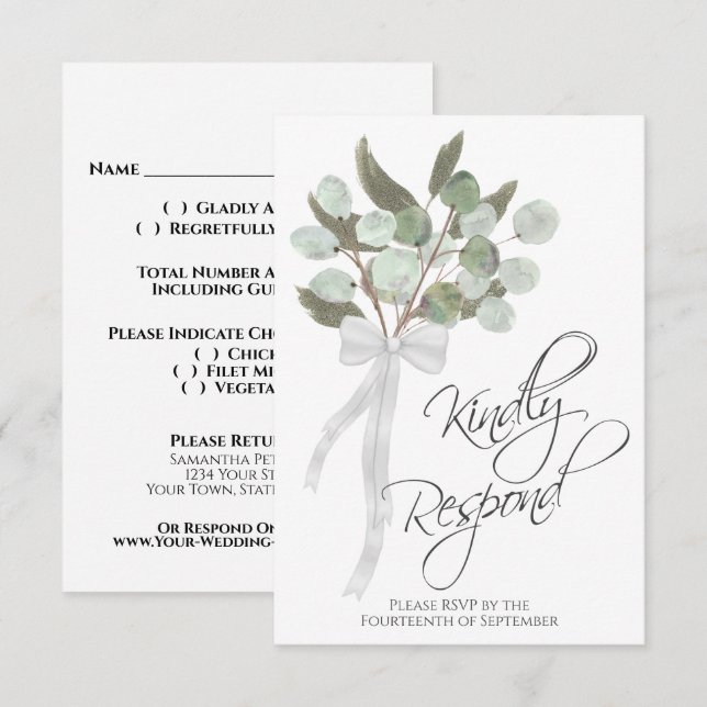 Cartons Réponse Répondre avec plaisir Rustique Eucalyptus Bouquet  (Devant / Derrière)