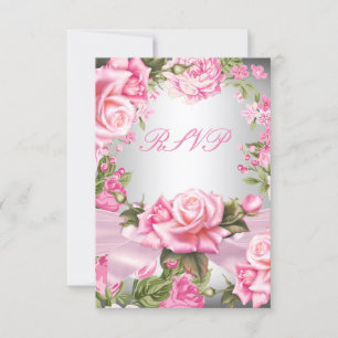 Cartons Réponse Répondre S.V.P. Rose Rose Bow Argent Floral Fête d