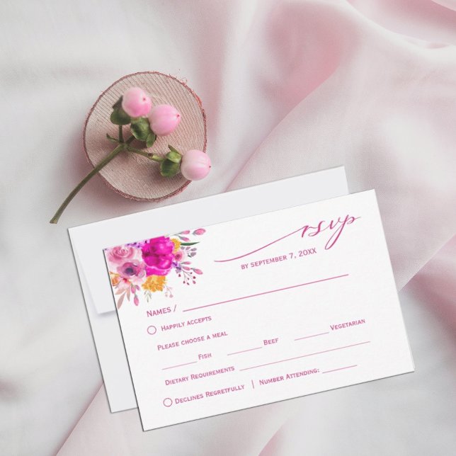Cartons Réponse Ressort Fleur sauvage coloré (watercolor flowers in shades of pink and white in rustic garden greenery. #rsvp #responsecards)