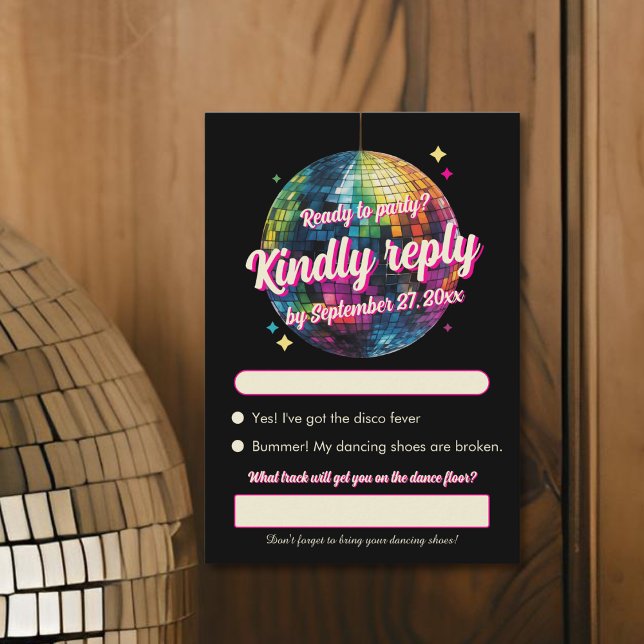 Cartons Réponse Retro 70's Party Disco Ball Sparkle Glam Wedding  (Front view retro 70s disco ball wedding fun nightlife statement wedding RSVP Card)