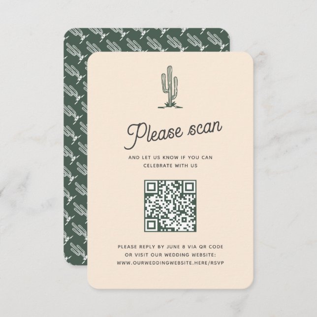 Cartons Réponse Retro Green Saguaro Cactus Desert Mariage QR Code (Devant / Derrière)