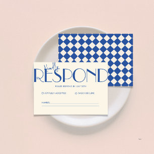 Cartons Réponse Rétro minimaliste À damiers Motif bleu Mariage