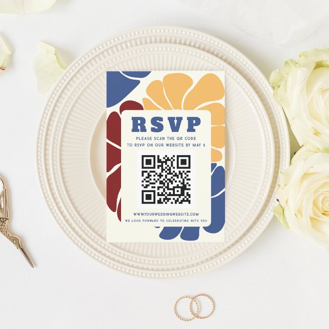 Cartons Réponse Retro Super Boho Chic Floral Mariage QR CODE (Retro Groovy Boho Chic Floral Wedding QR CODE RSVP Card)