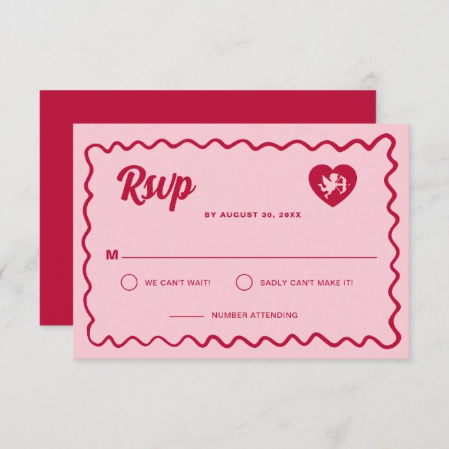 Cartons Réponse Retro Wavy Frame Red Pink Cupid Heart Wedding (Devant / Derrière)