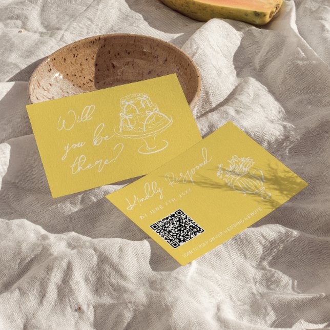 Cartons Réponse Retro Yellow Hand Drawn Floral QR Code Wedding  (Créateur téléchargé)