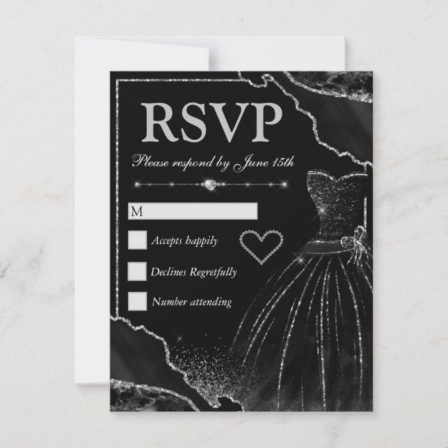 Cartons Réponse Robe Black & Silver Agate & Black Sweet 16 (Devant)