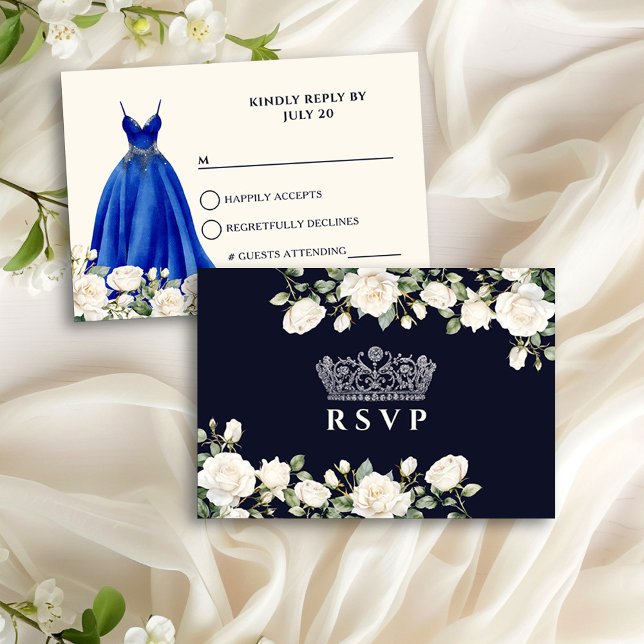 Cartons Réponse Robe princesse et Rose Royal Blue Quinceanera (RSVP card from the Princess Dress and Roses Quinceanera collection by Darling & May)