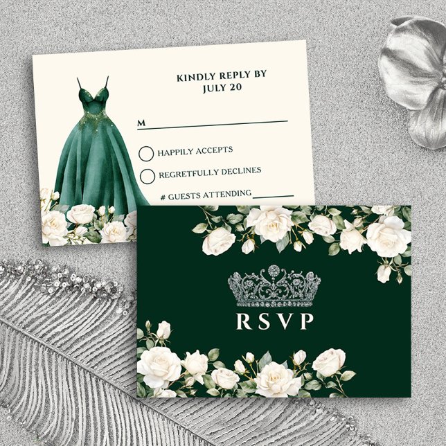 Cartons Réponse Robe princesse et Roses Emerald Green Quinceanera (RSVP Card from the Princess Dress and Roses Quinceanera Collection by Darling & May)