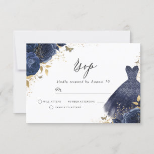 Cartons Réponse Robe Rose Bleu Marine et Or Anniversaire Mariage F