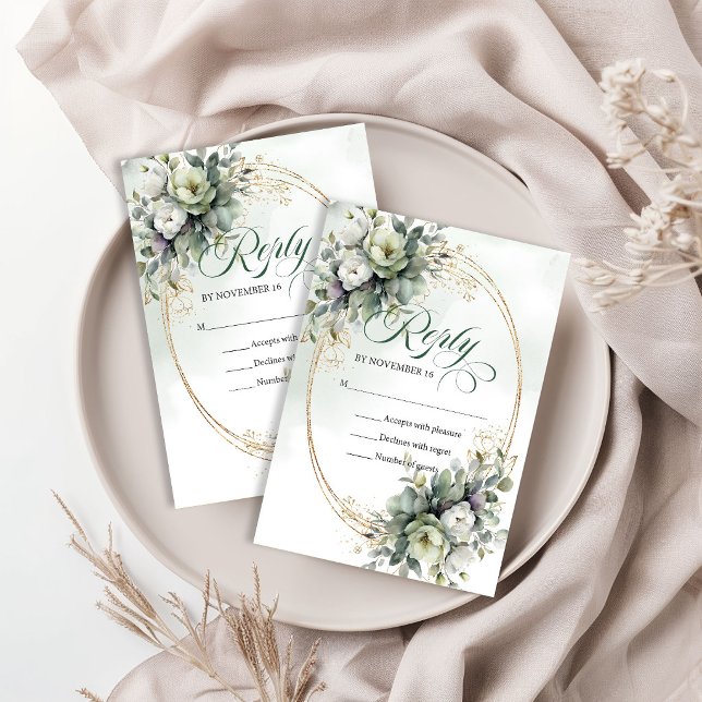 Cartons Réponse Romance Douce Aquarelle Vert Eucalyptus Blanc   (Soft Romance Watercolor Green White Eucalyptus Wedding RSVP Card)