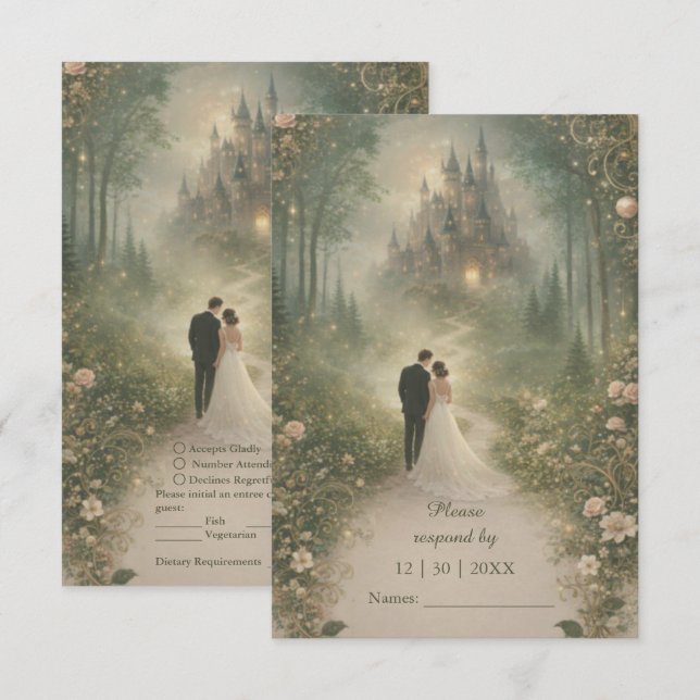 Cartons Réponse Romantic Fairytale Castle Forest Path Wedding (Devant / Derrière)
