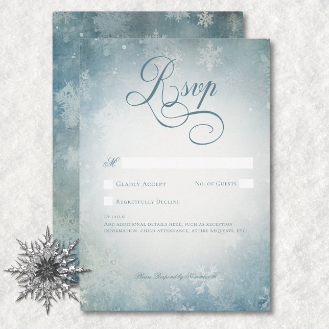 Cartons Réponse Romantic Falling Blanche Neige Mariage Non Dîner (Romantic Falling Snow Blue White Wedding No Dinner RSVP Card)