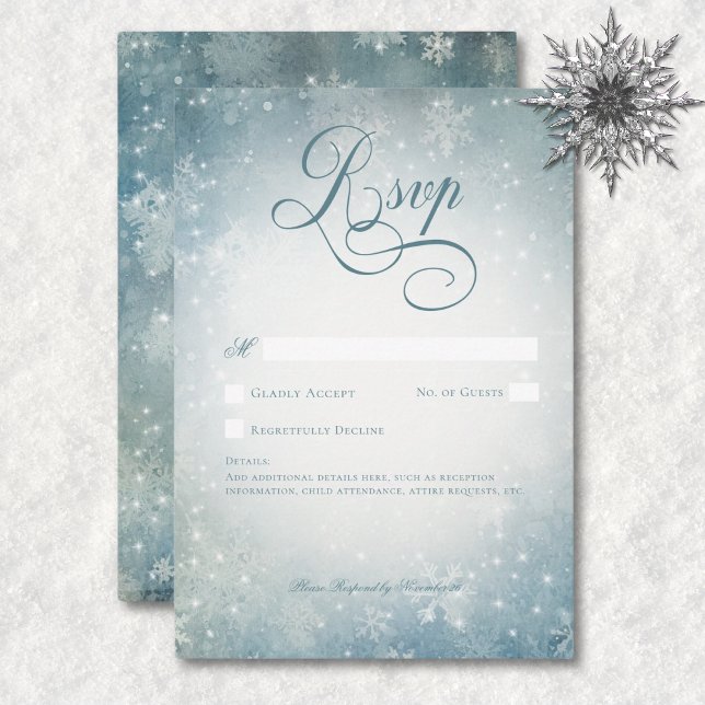 Cartons Réponse Romantic Falling Neige Bleu Blanc Étincelle Pas de (Romantic Falling Snow Blue & White Sparkle No Dinner RSVP Card)
