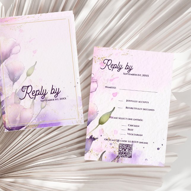 Cartons Réponse Romantic QR Code Lavender Gold Floral Wedding  (Romantic QR Code Lavender Gold Floral Wedding RSVP Card)