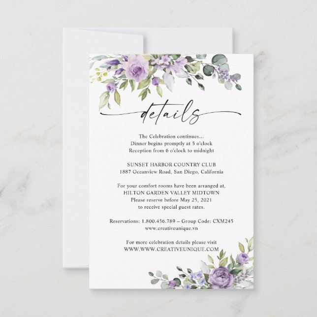 Cartons Réponse Romantic Violet Flowers Wedding Details Card (Devant)