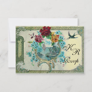 Cartons Réponse ROMANTİCA 3 MONOGRAM MARIAGE FLORAL RSVP, métalliq