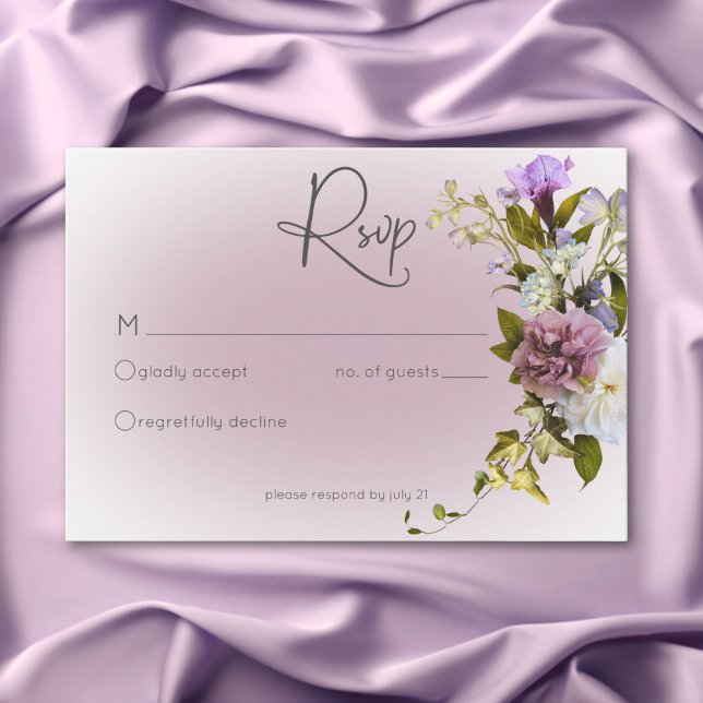 Cartons Réponse Romantique Blanc & Violet Floral Mariage moderne (Romantic White & Purple Floral Modern Wedding RSVP Card)