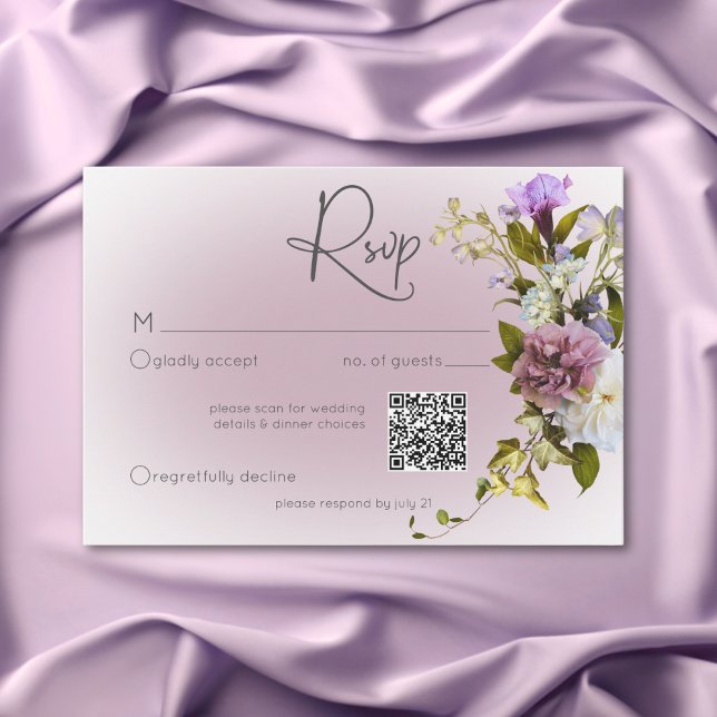 Cartons Réponse Romantique Blanc & Violet Floral Moderne Mariage Q (Romantic White & Pink Floral Modern Wedding QR RSVP Card)