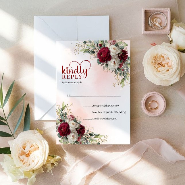 Cartons Réponse Romantique Boho Bourgogne Fleurs Blanches Or Maria (Romantic Boho Burgundy White Flowers Gold Wedding RSVP)
