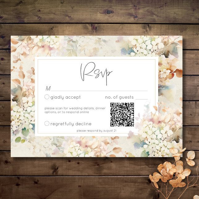 Cartons Réponse Romantique Neutre Vintage Hydrangeas Mariage QR (Romantic Neutral Vintage Hydrangeas Wedding QR Code RSVP Card)