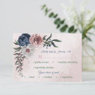 Cartons Réponse romantique rose, blanc bleu marine fleurs choix de