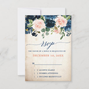 Cartons Réponse Rose bleu bleu marine Boho Mariage campagnard rust