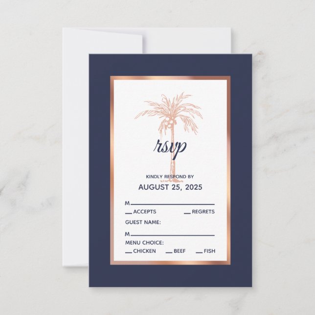 Cartons Réponse Rose bleu marine Gold Palm Tree Beach Mariage (Devant)