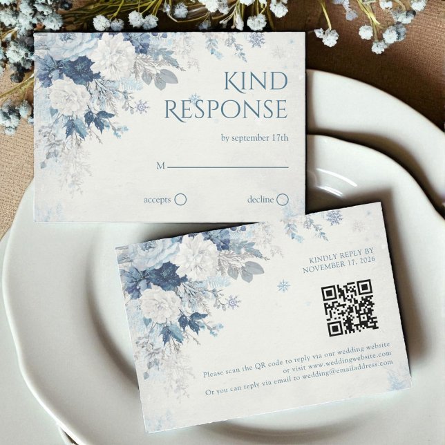 Cartons Réponse Rose d'argent bleu hiver Floral Mariage QR Code (Créateur téléchargé)