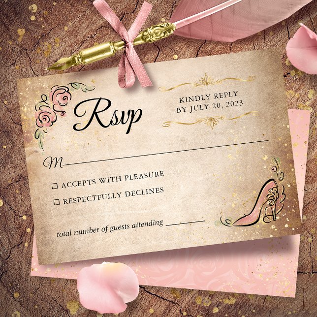 Cartons Réponse Rose et or Princesse Chaussure Mariage élégant (Light pink and gold RSVP cards to give your once upon a time celebration a true magical touch.)