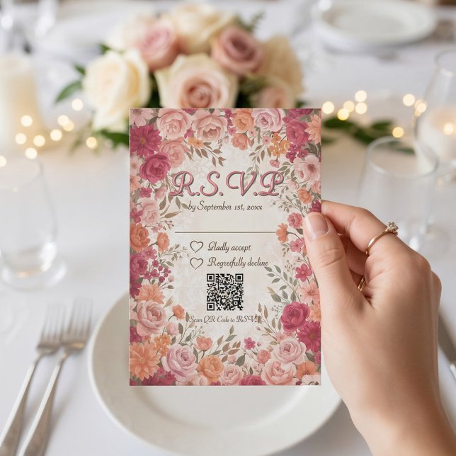 Cartons Réponse Rose et rouge, florale romantique de printemps, co (Close up pink red watercolor floral vintage spring garden romantic qr wedding QR Code RSVP)