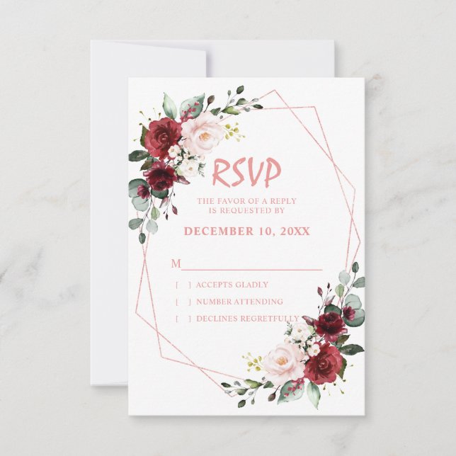 Cartons Réponse Rose géométrique florale de Bourgogne à l'aquarell (Devant)