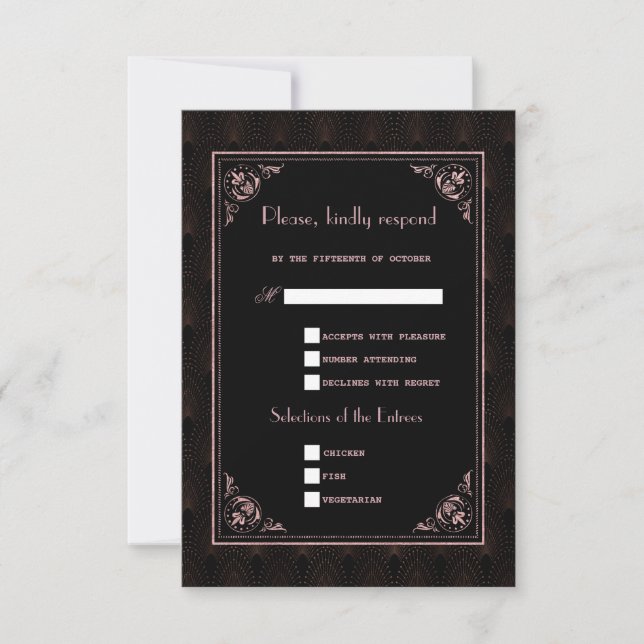 Cartons Réponse Rose Gold Black Great Gatsby Art Déco Mariage (Devant)