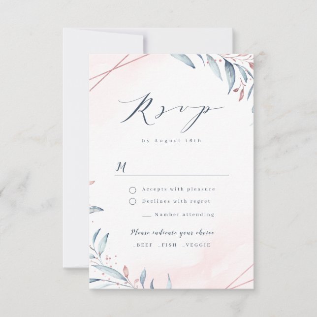 Cartons Réponse Rose Gold Dusty Blue Greenery Mariage géométrique (Devant)