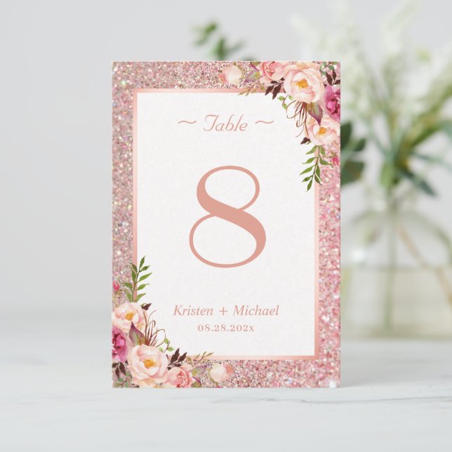 Cartons Réponse Rose Gold Parties scintillant rose Floral Mariage  (Debout devant)