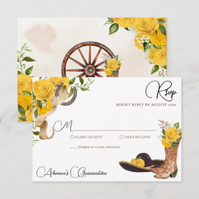 Cartons Réponse Rose jaune Rustique Charro Quinceanera Ouest (Devant / Derrière)