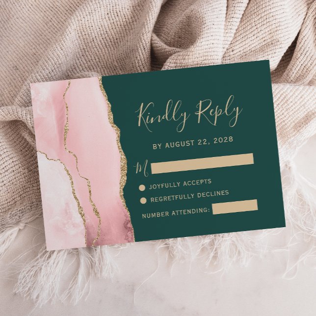 Cartons Réponse Rose Pâle Or Agate Vert Émeraude Mariage (Créateur téléchargé)