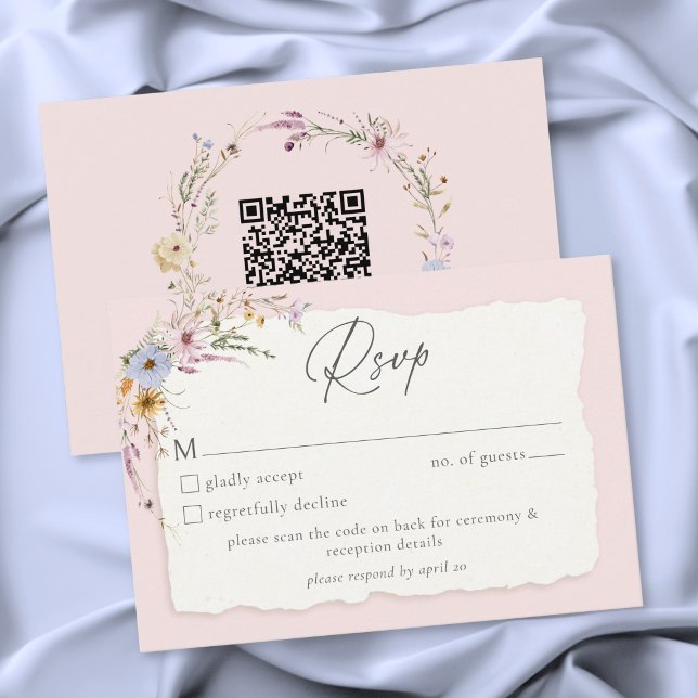 Cartons Réponse Rose Pâle Rustique Fleurs Sauvages Romantiques Mar (Rustic Blush Pink Romantic Wildflower Wedding QR RSVP Card)
