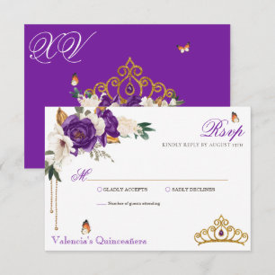 Cartons Réponse Rose papillon Royal Purple Gold Tiara Quinceanera