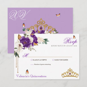 Cartons Réponse Rose papillon Royal Purple Gold Tiara Quinceanera