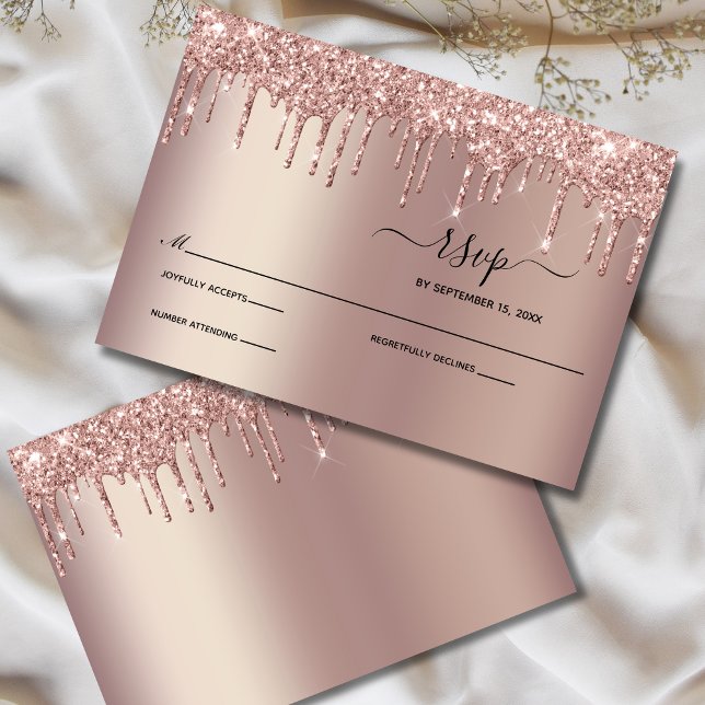 Cartons Réponse Rose Parties scintillant de gouttes de goutte d'or (Rose Gold Dripping Glitter Wedding RSVP card )