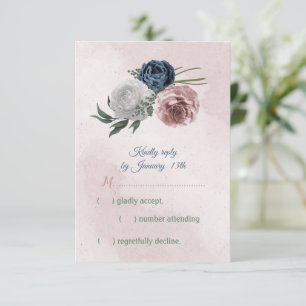 Cartons Réponse rose romantique, blanc et bleu marine fleurs