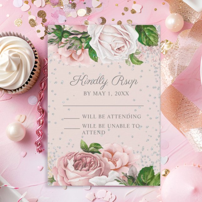 Cartons Réponse Rose rose Floral Parties scintillant d'argent (Blush pink roses and silver glitter Sweet 16 RSVP)