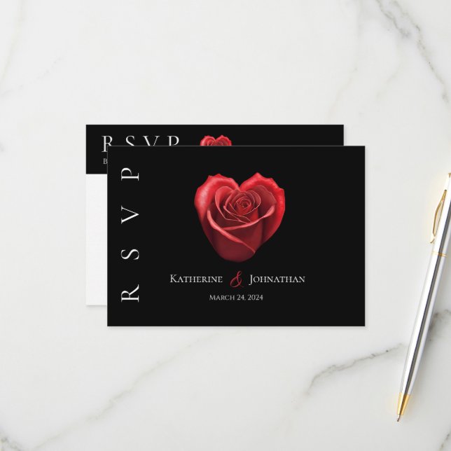 Cartons Réponse Rose rouge en forme de coeur moderne-RSVP-Mariage- (Devant/Arrière en situation)