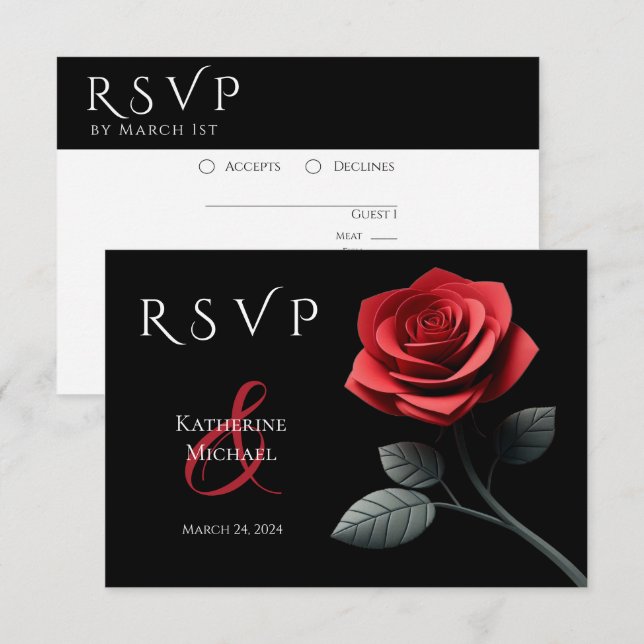 Cartons Réponse Rose rouge-RSVP-Mariage- (Devant / Derrière)