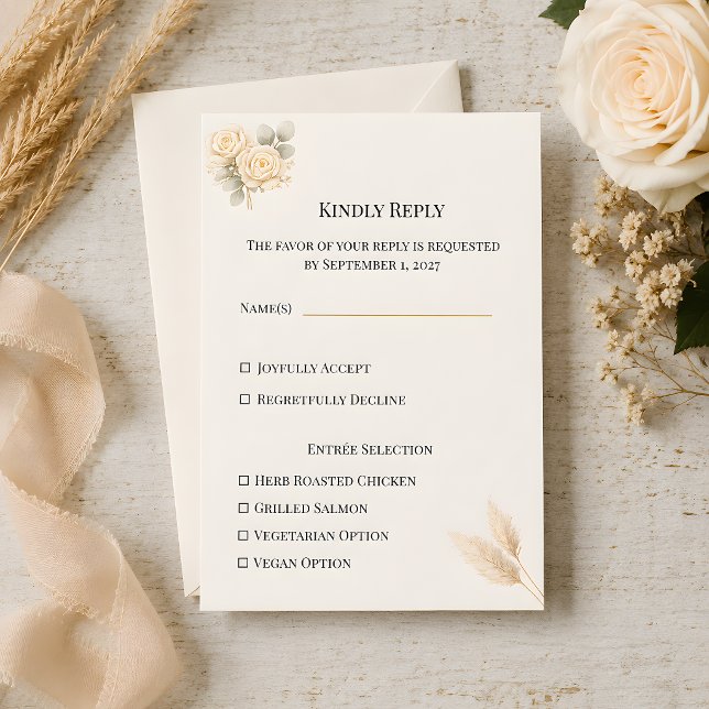 Cartons Réponse Rose Rustique de Luxe avec Herbe de Pampas (Part of the luxury rustic wedding theme collection, rsvp card)